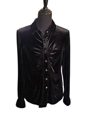 Vintage Sarah B Studio Black Velvet Ruched Button Up Top Goth Whimsigoth Corpora